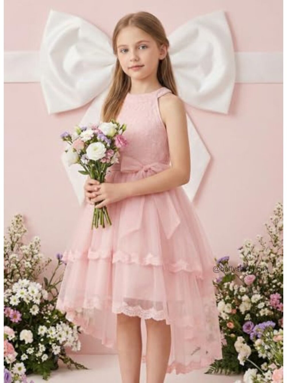 Flower Girl Dress Kids Wedding Lace Tulle Princess High Low Formal Party - Picture 2 of 6